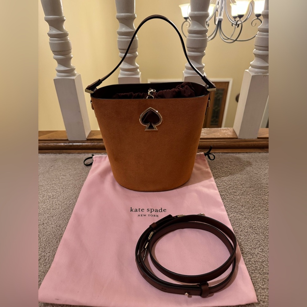Kate Spade “Suzy” brown suede bucket bag, never used